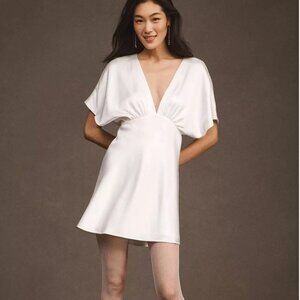 BHLDN Leila Deep-V Flutter-Sleeve Satin A-Line Mini Dress